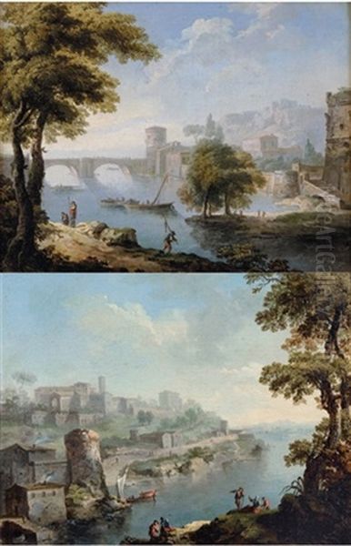 Paysage Du Latium Avec Pont (+ Paysage Du Latium Avec Village Surplombant Une Riviere; Pair) Oil Painting by Paolo Anesi