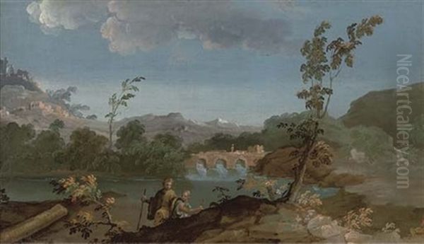 A River Landscape With A Young Priest And Two Beggars On A Path, A Fortress Beyond (+ A River Landscape With Two Travellers, A Bridge Beyond; Pair) Oil Painting by Paolo Anesi