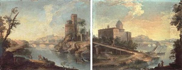 A Capriccio View Of The Tiber With The Ponte Sisto (+ A Capriccio With A Palazzo By A River; Pair) Oil Painting by Paolo Anesi