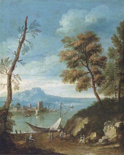 A Mediteranean Coastal Landscape With Figures Unloading A Sailing Vessel, Other Figures Resting On A Path On The Edge Of A Wood by Paolo Anesi