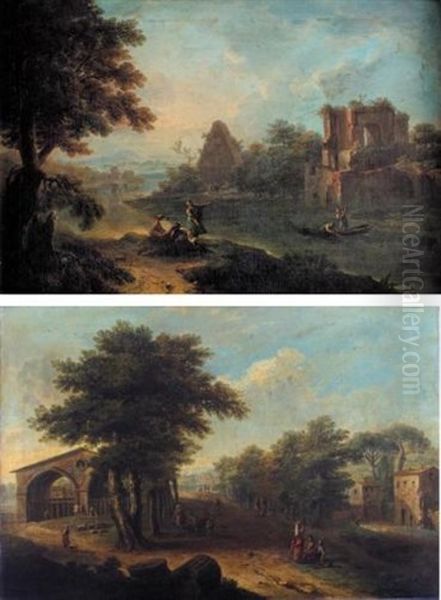 A Capriccio Of Roman Ruins By A Wooded River Landscape With Figures By A Ruin And A Pyramid (+ Figures On A Road In A Village With Classical Ruins; Pair) Oil Painting by Paolo Anesi