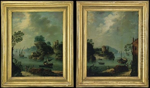 Paesaggi Fluviali Con Barche E Pescatori (pair) Oil Painting by Paolo Anesi