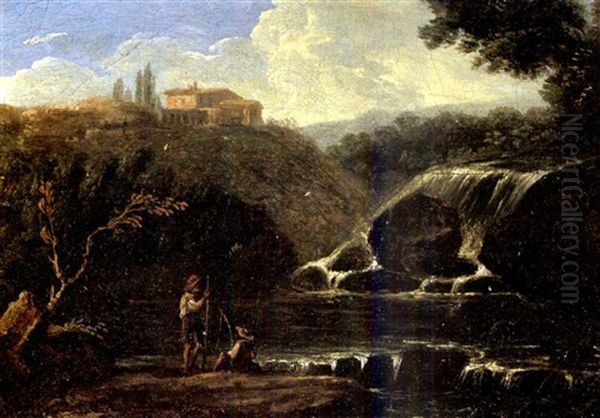 A Mediterranean Mountainous Landscape With A Waterfall, Fisherman In The Foreground By A River Oil Painting by Paolo Anesi