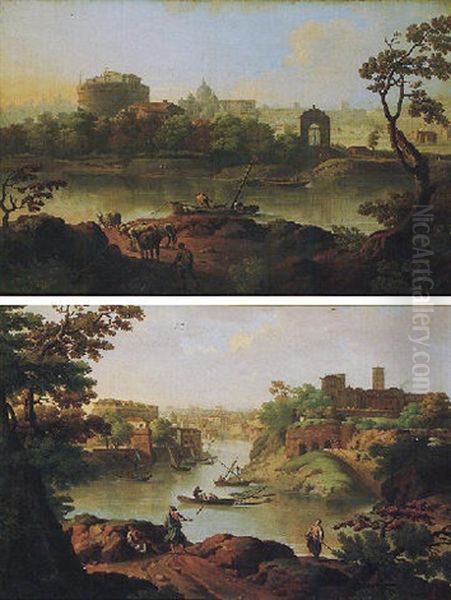 Rome, A View Of The River Tiber Oil Painting by Paolo Anesi