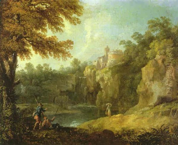 An Italianate Landscape With Classical Figures Beside A River And Waterfall, A Hill Town And Mountains Beyond Oil Painting by Paolo Anesi