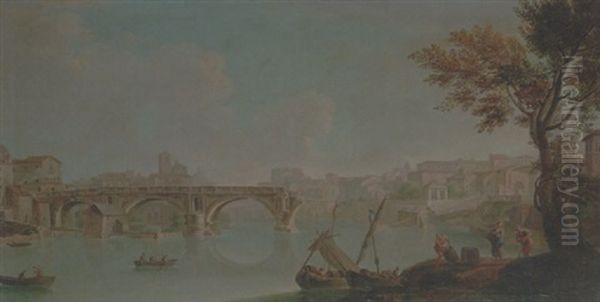 Rome, A View Of The Ponte Rotto On The Tiber Oil Painting by Paolo Anesi