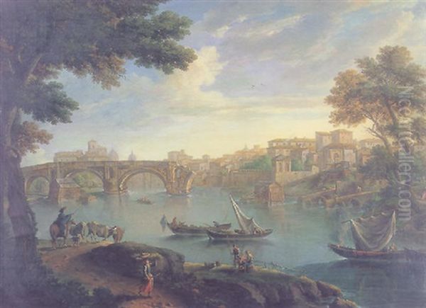 View Of The Tiber, Rome, With The Ponte Rotto Oil Painting by Paolo Anesi