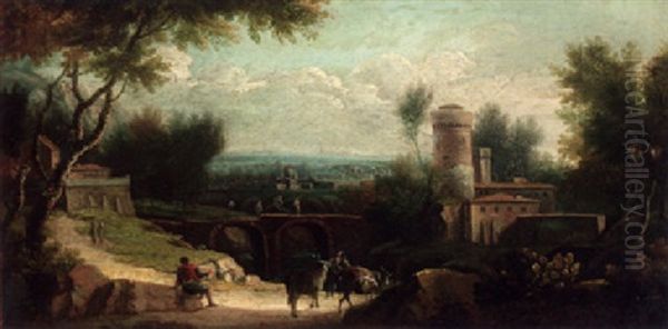 An Italianate Landscape With A Drover And Cattle On A Track Before A Farmstead, A Bridge And Town Beyond by Paolo Anesi