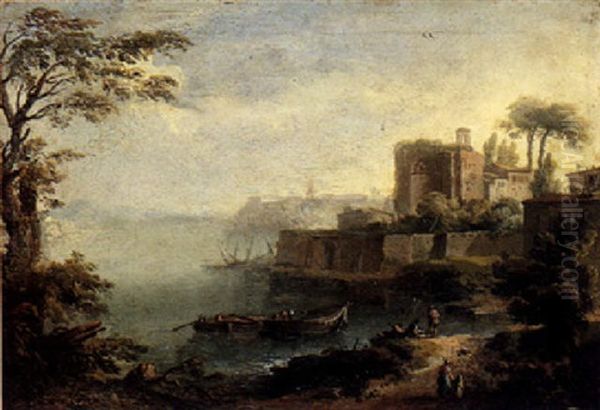 A Coastal Town Scene At Sunset With Boats Lying In The Harbour, Figures Resting In The Foreground Oil Painting by Paolo Anesi