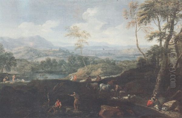 Paesaggio Collinare Con Viandanti, Pastori E Bagnanti Oil Painting by Paolo Anesi