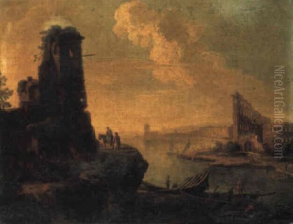 A Coastal Landscape With Fisherfolk By A Ruined Tower Oil Painting by Paolo Anesi