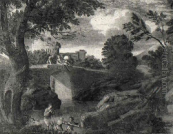 A Classical Landscape With Figures Sitting On A Bridge Watching Figures Oil Painting by Paolo Anesi