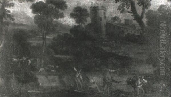 A Capriccio Landscape With Ferrymen In The Foreground, A    Castle And Mountains Beyond Oil Painting by Paolo Anesi