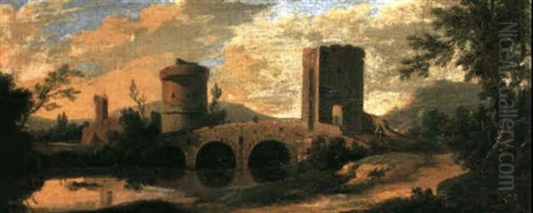 Peasants Crossing A Bridge With Turreted Gateways Spanning  A River Running Through A Wooded Valley Oil Painting by Paolo Anesi