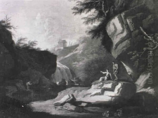 An Italianate Landscape With Peasants On A Rocky Outcrop, A Temple Beyond Oil Painting by Paolo Anesi