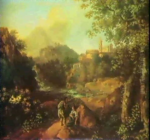 A Classical Landscape With Figures Oil Painting by Paolo Anesi