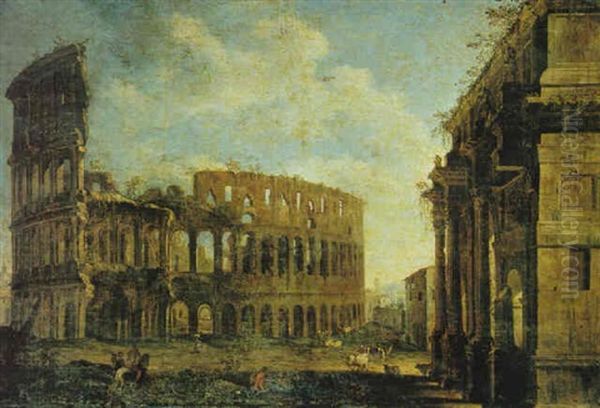 A View Of Rome With The Colosseum, The Arch Of              Constantine And Other Buildings Oil Painting by Paolo Anesi