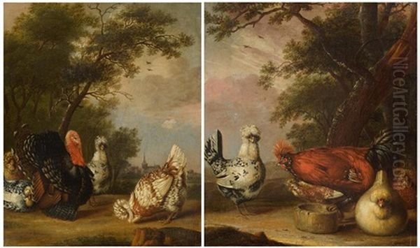 Pair Of Works: Poultry In A Landscape Oil Painting by Philips Angel