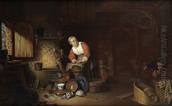 The Interior Of A Cottage, With A Peasant Woman Cleaning Kitchen Utensils, A Peasant Coming Up From The Cellar On Her Left Oil Painting by Philips Angel