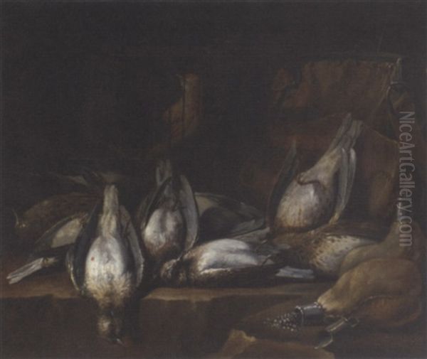 Dead Game And A Caged Bird On A Ledge In A Larder Oil Painting by Philips Angel