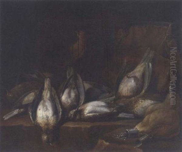 Dead Game And A Caged Bird On A Ledge In A Larder by Philips Angel