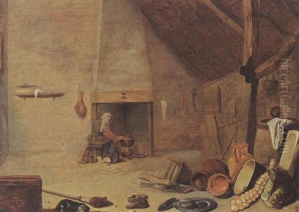 A Barn Interior With A Kitchen Still Life And A Woman Cooking On A Fire In The Background by Philips Angel