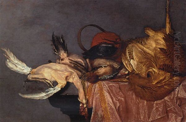 A Bittern, A Jay And Other Dead Game Birds On A Draped Table Oil Painting by Philips Angel