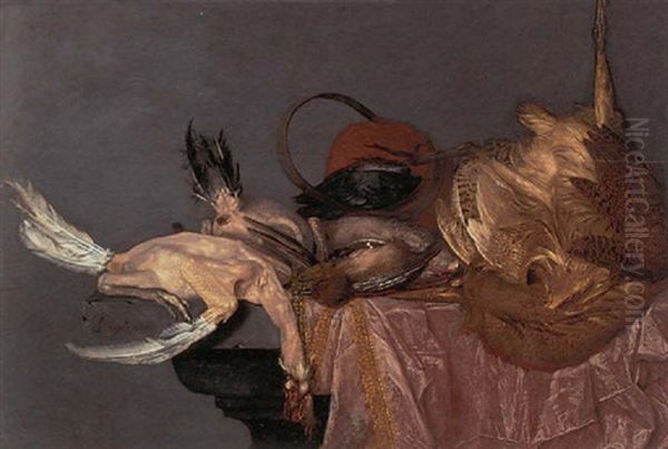 A Bittern, A Jay And Other Dead Game Birds On A Draped Table by Philips Angel