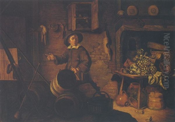 Kitchen Interior With A Youth, German Stoneware, Copper Pots And A Basket On A Table Oil Painting by Philips Angel