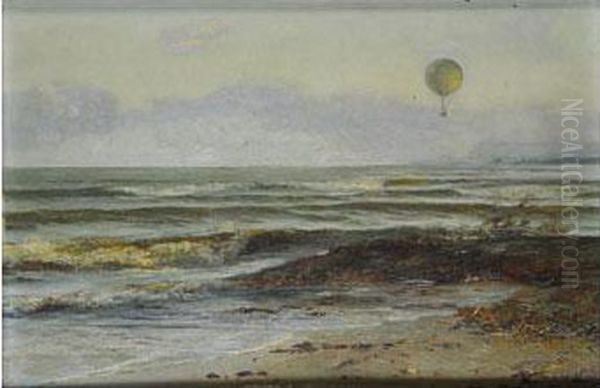 Vista De Una Playa Con Un Globo Montgolfier Oil Painting by Salvador Abril y Blasco