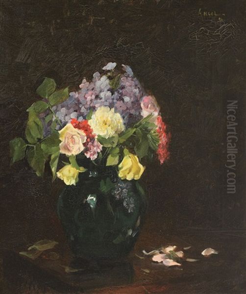 Vase With Roses And Forget-me-not Flowers Oil Painting by Nicolae Angelescu