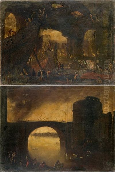 Construction D'un Pont (+ Bataille Sur Un Pont; Pair) Oil Painting by Filippo d' Angeli