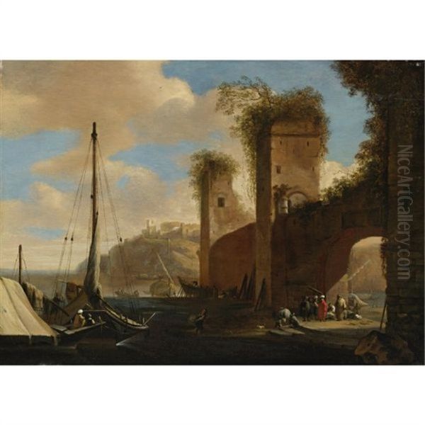 Harbor Scene With Ships, Ruins And Figures By An Archway by Filippo d' Angeli