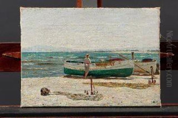 Barche Con Pescatore Oil Painting by Salvador Abril y Blasco