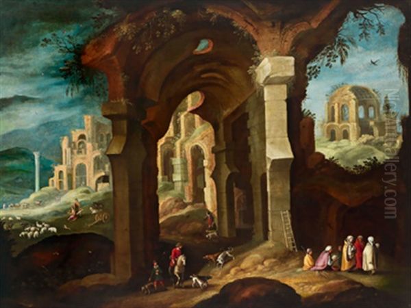 Architekturlandschaft Mit Romischen Ruinen Und Figuren Oil Painting by Filippo d' Angeli