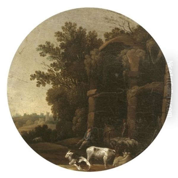 An Italianate Landscape With Drovers And Their Animals Resting Before Classical Ruins Oil Painting by Filippo d' Angeli