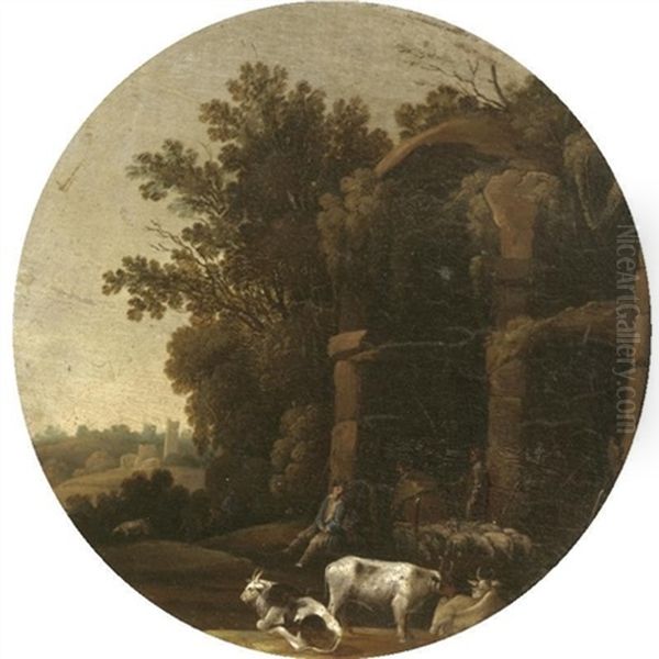 An Italianate Landscape With Drovers And Their Animals Resting Before Classical Ruins Oil Painting by Filippo d' Angeli