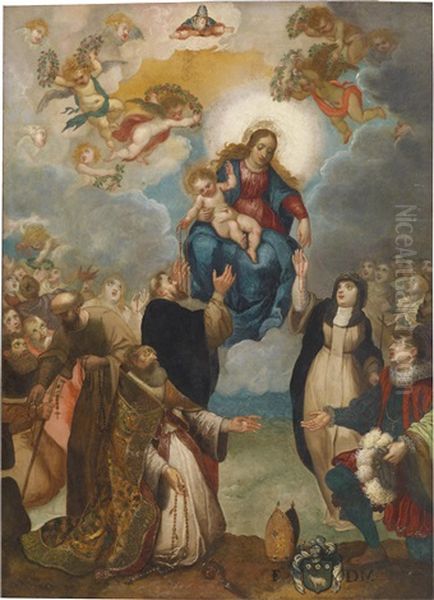 Madonna Mit Kind, Der Heiligen Katharina Einen Rosenkranz Uberreichend, Darunter Ein Knieender Bischof Und Sein Wappen Oil Painting by Giulio Cesare Angeli