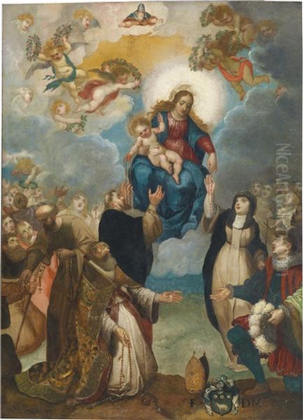 Madonna Mit Kind, Der Heiligen Katharina Einen Rosenkranz Uberreichend, Darunter Ein Knieender Bischof Und Sein Wappen Oil Painting by Giulio Cesare Angeli