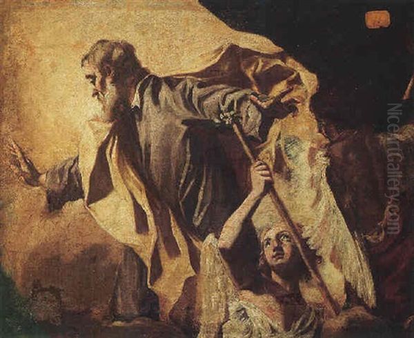 Saint Joseph Accompanied By Two Angels Oil Painting by Giuseppe Angeli