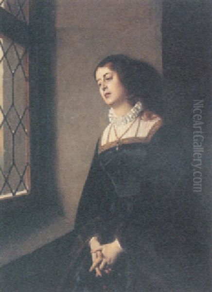 Portrait Of A Lady Wearing Black Robes And Standing Before A Window Oil Painting by Heinrich von Angeli