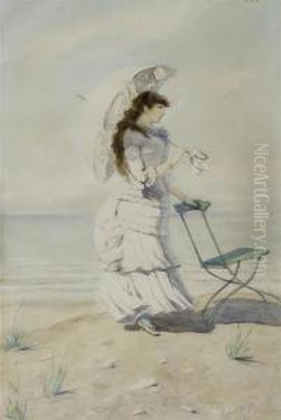 An Elegant Lady On The Beach Oil Painting by Leon Abry