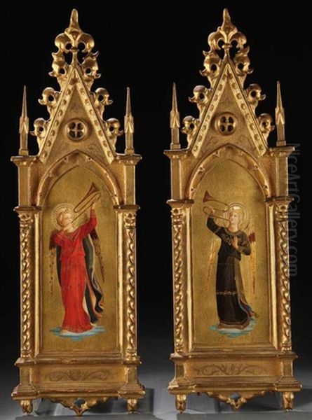 Musical Angels With Trumpets (pair) Oil Painting by Fra Angelico