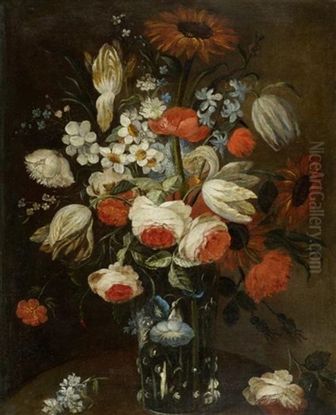 Blumenstillleben Mit Tulpen Und Pfingstrosen In Einer Glasvase Oil Painting by Scipione Angelini