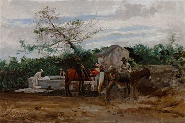 Brasilianische Landschaft; Zwei Reiter Mit Maultier Und Pferd An Einem Brunnen Mit Wascherinnen Oil Painting by Domenico De Angelis