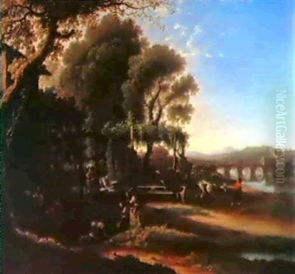 Paesaggio Romano Con Personaggi In Conversazione, Lavandaie, Villici Oil Painting by  Angeluccio