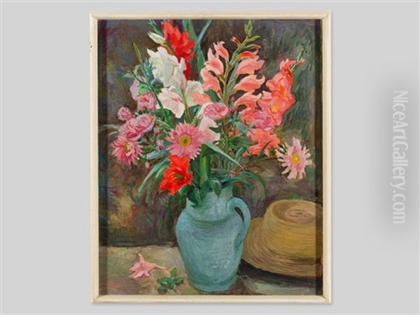 Gladioli In A Vase Oil Painting by Fritz Angerer