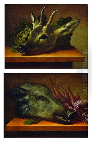 Still Life With Boar Head, Still Life With Deer Head (2 Works) Oil Painting by Johann Adalbert Angermayer