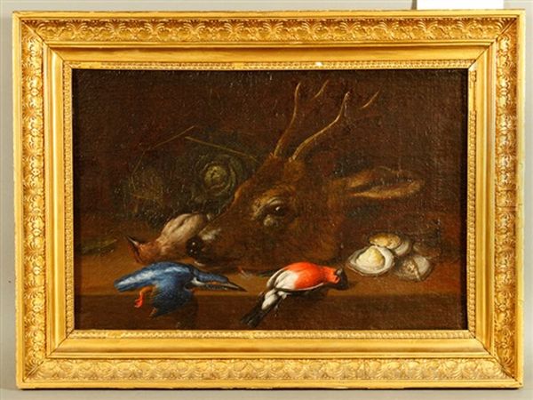 Still Life With Deer, Birds, And Oyster Oil Painting by Johann Adalbert Angermayer