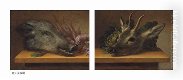 Head Of A Boar With A Bundle Of Parsnips On A Ledge And Head Of A Deer With Cabbage On A Ledge (pair) Oil Painting by Johann Adalbert Angermayer